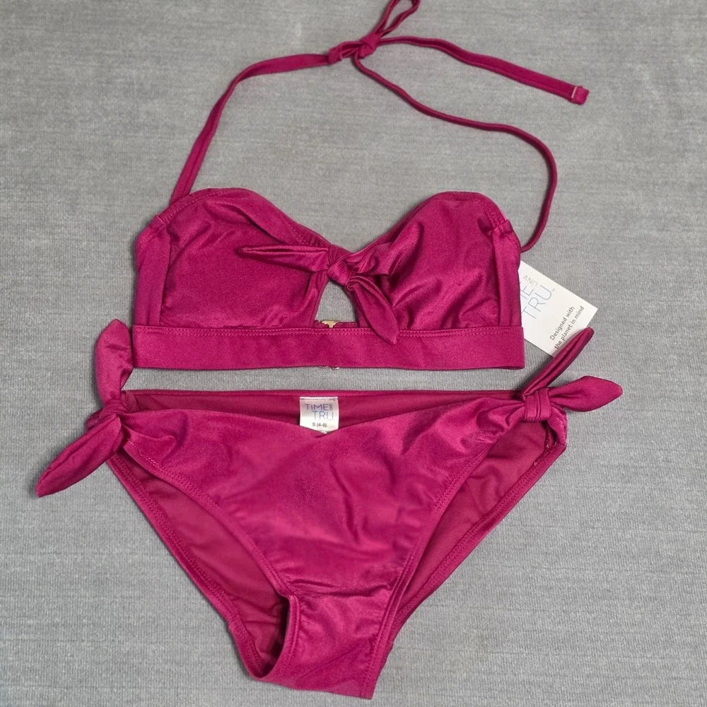 Time and Tru Bikini Set Womens Small 4-6 Magenta Pink Tie Front Keyhole New